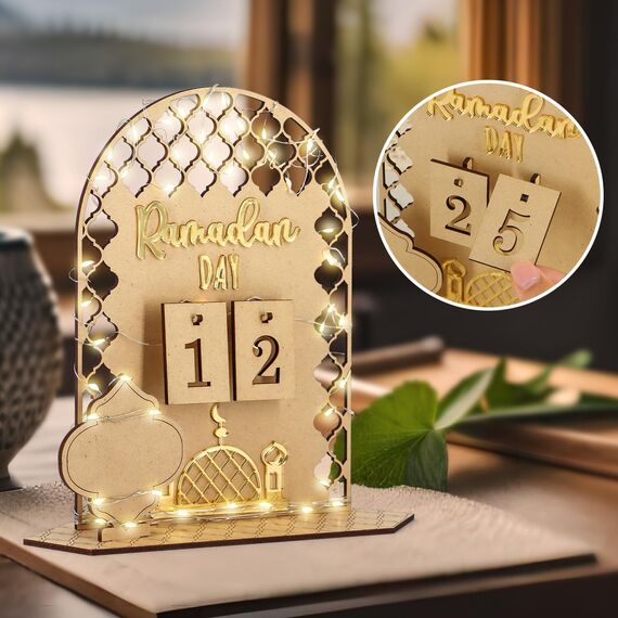 Giftota Ramadan Kalender mit LED Lichterkette, Ramadan Deko Aus Holz, Ramadan Mubarak Dekoration, Eid Mubarak Dekoration, Ramadan Kalender Kinder, Familien