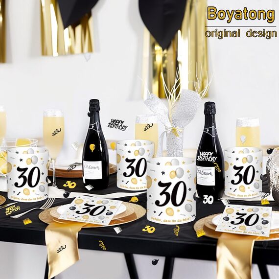 20 Stück Servietten 30 Geburtstag+12 Windlicht Tischdeko 30 + 500 Konfetti , Deko 30. Geburtstag Mann Frau, Tisch Deko 30 Jahre Schwarzes Gold