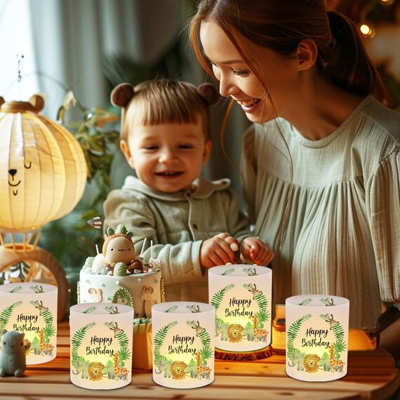 12 Windlicht Tischdeko Geburtstag, Happy Birthday Tisch Deko, Grün Waldtiere Windlichter Tischdeko, Dschungel Geburtstagsdeko 1 Jahr, Safari Windlicht Geeignet für Junge Mädchen Geburtstag Party
