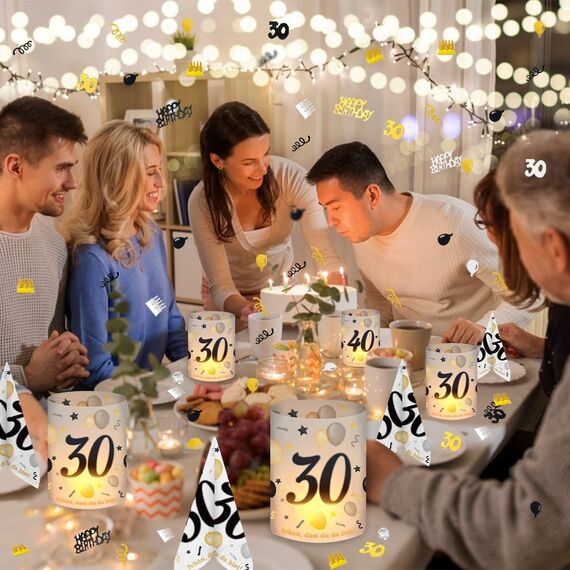 20 Stück Servietten 30 Geburtstag+12 Windlicht Tischdeko 30 + 500 Konfetti , Deko 30. Geburtstag Mann Frau, Tisch Deko 30 Jahre Schwarzes Gold