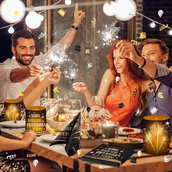 12 Windlicht Tischdeko + 20 Stück Servietten Schön DASS Wir Zusammen Feiern + 500 Konfetti, Geburtstagsdeko Mann Frauen, Silvester Deko 2026, Silvesterdeko Party, Happy New Year, Karneval Tisch Deko