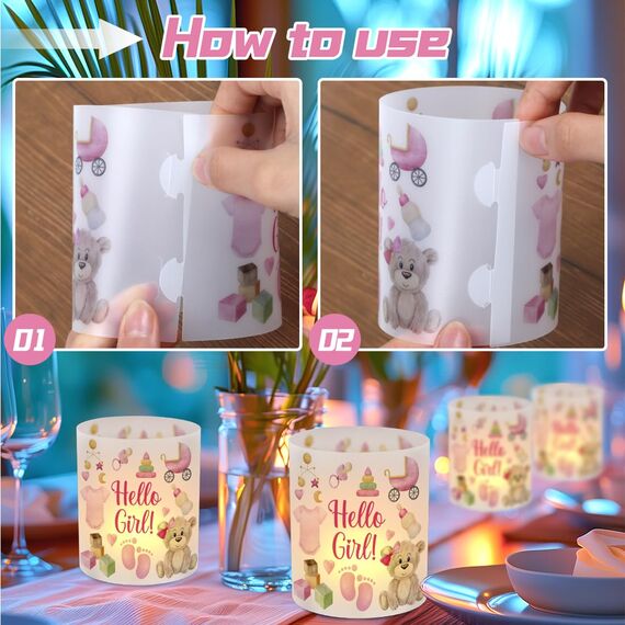 12 Windlicht Tischdeko Hello Girl, Hello Girl Tisch Deko, Rosa Süßer Bär Windlichter Tischdeko, Tisch Dekoration für Mädchen Geburt Babyparty Geburtstag, Fußabdruck Windlicht für Teelichter Kerzen