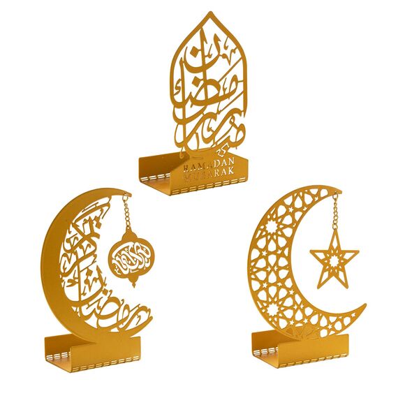 flangairy Ramadan-Dekorationen für Zuhause 2024 Eid Mubarak Metall-Kareem-Schilder, islamische muslimische Moschee, arabischer Ständer, goldfarbene Tischplatte, Tafelaufsatz für den Innenbereich,