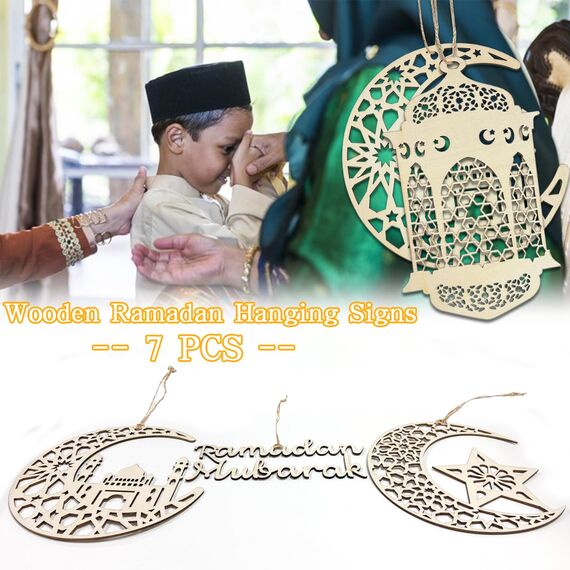 7PCS Ramadan Mubarak Hängende Dekorationen, Hölzerne Anhänger Eid Kareem Hängende Zeichen mit Seilen für Home Room Decor, 3D Hohlen Stern Mond Laternen Schlösser Ornament für Islamische Muslim Al-Fitr