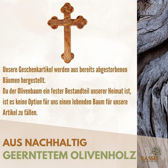 Kassis Geschenkartikel Olivenholz Kreuz Kruzifix Wandkreuz schlicht mit runden Kanten zum Aufhängen aus Bethlehem zur Firmung, Taufe, Kommunion (Ohne Gravur, 13 cm)