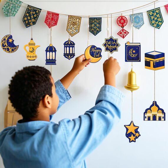 BDUSXYZ 48 Stück Ramadan Holz hängende Ornamente mit Seilen Eid Mubarak Dekorationen für Baumparty Dekor - A