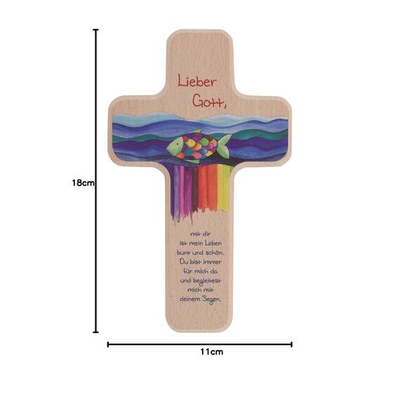 Butzon & Bercker Taufkreuz & Kinderkreuz aus Buche 11x18 cm – Farbiges Holzkreuz zum Aufhängen mit Fisch & Segensspruch – Geschenk zur Taufe Erstkommunion Jungen Mädchen