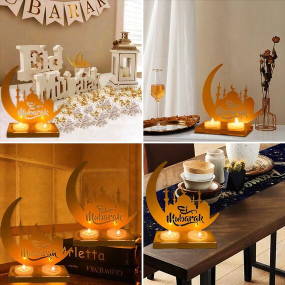 Eid Mubarak Dekoration Ramadan Deko - Ramadan Laterne Metall Acryl Teelichthalter Dekoration mit 2 DIY Kerzen Lampe, Eid Mubarak Kareem Verzierung für Radaman Muslimische Festival Zu Hause Geschenke