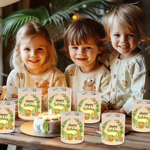 12 Windlicht Tischdeko Geburtstag, Happy Birthday Tisch Deko, Grün Waldtiere Windlichter Tischdeko, Dschungel Geburtstagsdeko 1 Jahr, Safari Windlicht Geeignet für Junge Mädchen Geburtstag Party