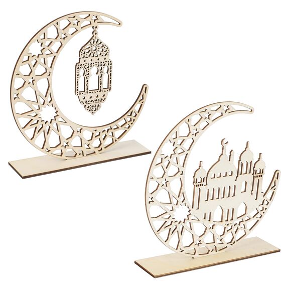 2 Stück Holz Eid Mubarak Ramadan Kareem Dekorationen Eid Tisch Zeichen Mond Hohle Stern Freistehend Tisch Centerpiece Hängende Ornamente Tischdekoration für Muslim Islam Tischdekoration