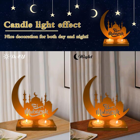 Eid Mubarak Dekoration Ramadan Deko - Ramadan Laterne Metall Acryl Teelichthalter Dekoration mit 2 DIY Kerzen Lampe, Eid Mubarak Kareem Verzierung für Radaman Muslimische Festival Zu Hause Geschenke