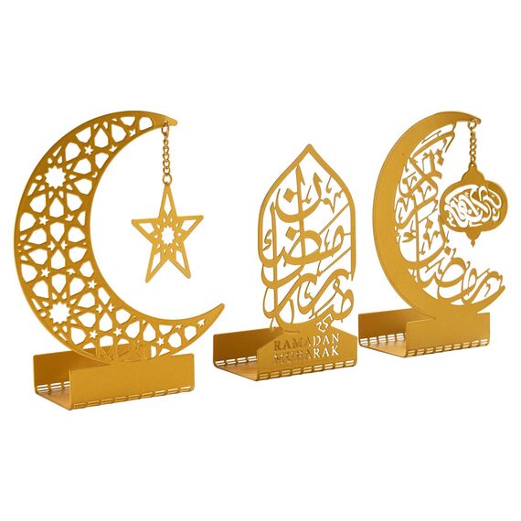 flangairy Ramadan-Dekorationen für Zuhause 2024 Eid Mubarak Metall-Kareem-Schilder, islamische muslimische Moschee, arabischer Ständer, goldfarbene Tischplatte, Tafelaufsatz für den Innenbereich,