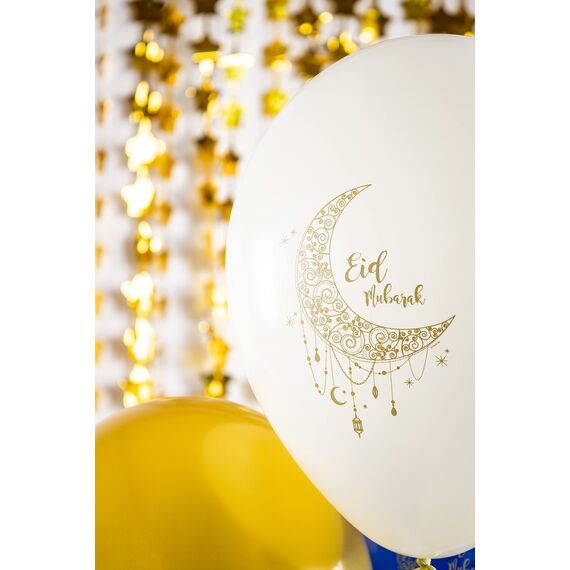 Eid Mubarak Ramadan Dekoration - Ballons Gold Weiß Blau 33 cm 6 Stück - Eid Deko Stern Mond Zubehör Ramadan