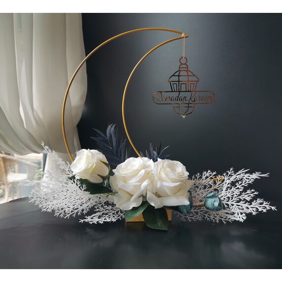 ElodieAu Ramadan Kareem Dekorationen, Mondförmige Kränze, Tischdekoration mit Schlossschild, Eid Ramadan Mubarak Metallringe Blumen-Heimornamente, für Schreibtisch, Kamin, Schlafzimmer, Partyzubehör
