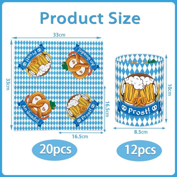 20 Stück Servietten + 12 Windlicht Tischdeko Bayern + 44 Konfetti Streudeko Tisch, Für Oktoberfest Dekoration, Biergarten Geschenk, Bayerische Deko Party Set, Servietten Blau Weiß Grillparty