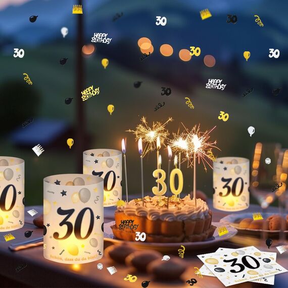 20 Stück Servietten 30 Geburtstag+12 Windlicht Tischdeko 30 + 500 Konfetti , Deko 30. Geburtstag Mann Frau, Tisch Deko 30 Jahre Schwarzes Gold