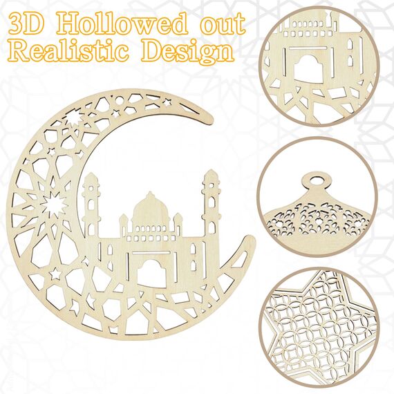 7PCS Ramadan Mubarak Hängende Dekorationen, Hölzerne Anhänger Eid Kareem Hängende Zeichen mit Seilen für Home Room Decor, 3D Hohlen Stern Mond Laternen Schlösser Ornament für Islamische Muslim Al-Fitr
