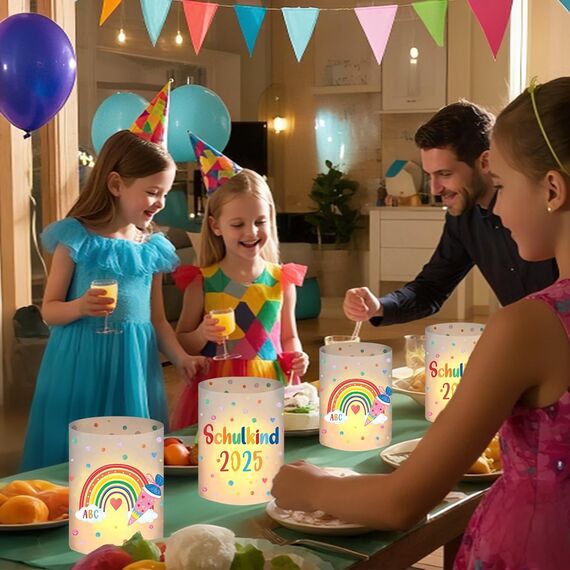 12 Windlicht Tischdeko Einschulung Mädchen Junge, Schulkind 2025 Deko, Schulanfang Deko mit Bunten ABC Zuckertüte, Regenbogen Einschulungsdeko Mädchen, Geeignet für Teelichter oder Kerzen