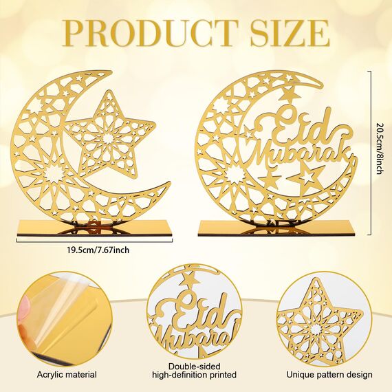 COCHIE Acryl Eid Mubarak Ramadan Kareem Dekorationen Eid Tisch Zeichen Mond Hohle Stern Freistehend Tisch Centerpiece Hängende Ornamente Tischdekoration für Muslim Islam Tischdekoration
