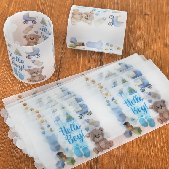 12 Windlicht Tischdeko Hello Boy, Hello Boy Tisch Deko, Blau Süßer Bär Windlichter Tischdeko, Tisch Dekoration für Junge Geburt Babyparty Geburtstag, Fußabdruck Windlicht für Teelichter Kerzen