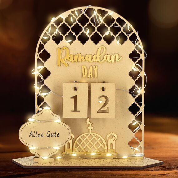 Giftota Ramadan Kalender mit LED Lichterkette, Ramadan Deko Aus Holz, Ramadan Mubarak Dekoration, Eid Mubarak Dekoration, Ramadan Kalender Kinder, Familien