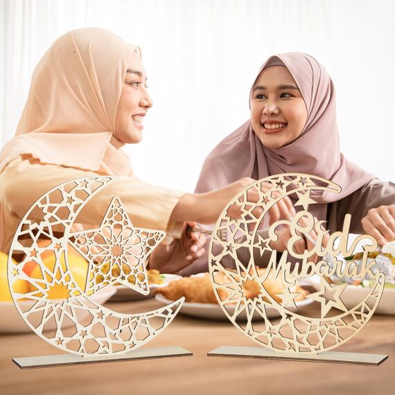 2 Stück Holz Eid Mubarak Ramadan Kareem Dekorationen Eid Tisch Zeichen Mond Hohle Stern Freistehend Tisch Centerpiece Hängende Ornamente Tischdekoration für Muslim Islam Tischdekoration