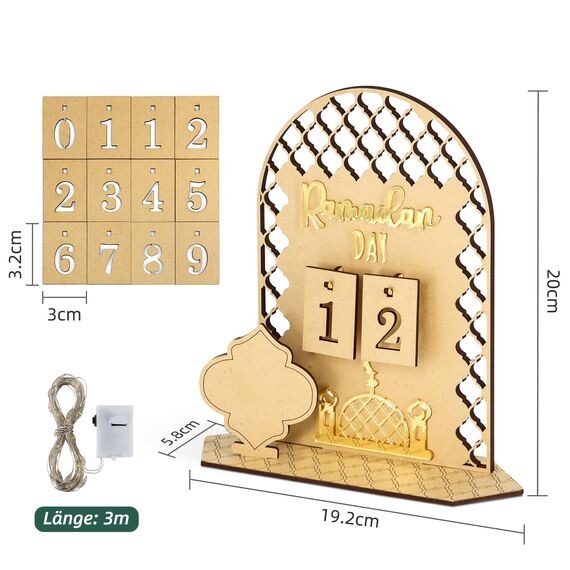 Giftota Ramadan Kalender mit LED Lichterkette, Ramadan Deko Aus Holz, Ramadan Mubarak Dekoration, Eid Mubarak Dekoration, Ramadan Kalender Kinder, Familien