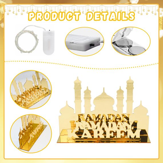 Booaee Acryl Eid Mubarak Tischdekoration, Ramadan Deko mit Goldfarbenem Schlossdesign und Lichtstreifen, für Zuhause und Büro