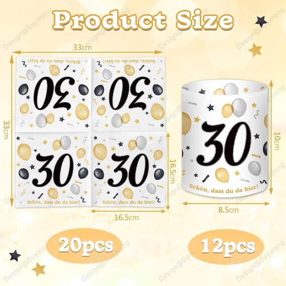 20 Stück Servietten 30 Geburtstag+12 Windlicht Tischdeko 30 + 500 Konfetti , Deko 30. Geburtstag Mann Frau, Tisch Deko 30 Jahre Schwarzes Gold