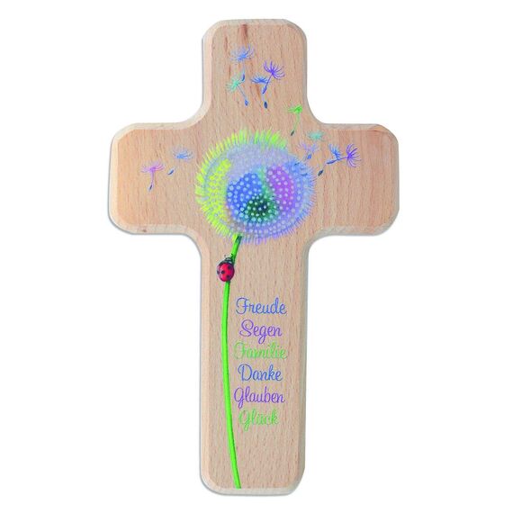 Butzon & Bercker Kinderkreuz 'Pusteblume' in Geschenkverpackung zum aufhängen, Buche 11x18cm – Christliches Geschenk für Jungen und Mädchen – für Taufe, Geburt, Kommunion