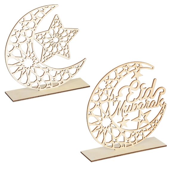 2 Stück Holz Eid Mubarak Ramadan Kareem Dekorationen Eid Tisch Zeichen Mond Hohle Stern Freistehend Tisch Centerpiece Hängende Ornamente Tischdekoration für Muslim Islam Tischdekoration