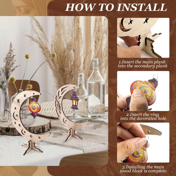 Ramadan Dekoration Holz, Eid Mubarak Dekoration, Ramadan Tischdeko, Ramadan Mubarak Dekoration, Holz Mond Sterne Ramadan Deko, Holz Anhänger Ornament Ramadan für Zuhause, Eid Mubarak Geschenke
