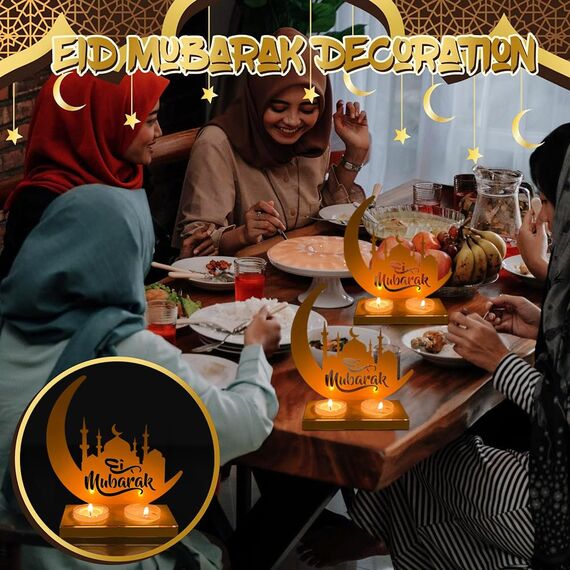 Eid Mubarak Dekoration Ramadan Deko - Ramadan Laterne Metall Acryl Teelichthalter Dekoration mit 2 DIY Kerzen Lampe, Eid Mubarak Kareem Verzierung für Radaman Muslimische Festival Zu Hause Geschenke