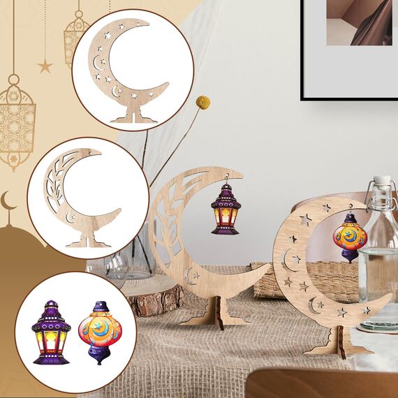 Ramadan Dekoration Holz, Eid Mubarak Dekoration, Ramadan Tischdeko, Ramadan Mubarak Dekoration, Holz Mond Sterne Ramadan Deko, Holz Anhänger Ornament Ramadan für Zuhause, Eid Mubarak Geschenke