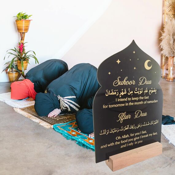 skyjoohy Ramadan Kareem Iftar Dekorationen Suhoor und Iftar Dua Schild für Zuhause Eid Mubarak Tischdekoration islamischer Halbmond Stern Geschenke Muslimisches Acryl (schwarz)