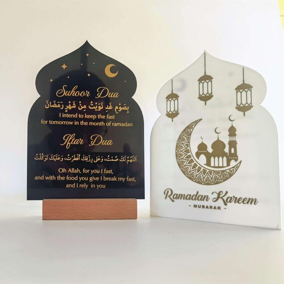 skyjoohy Ramadan Kareem Iftar Dekorationen Suhoor und Iftar Dua Schild für Zuhause Eid Mubarak Tischdekoration islamischer Halbmond Stern Geschenke Muslimisches Acryl (schwarz)