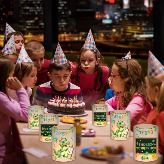 12 Windlicht Tischdeko Einschulung Junge, Endlich Schulkind 2025 Deko, Schuleinführung Einschulungsdeko mit Motiv Dino ABC, Tisch Deko Schulanfang Jungen, Geeignet für Teelichter oder Kerzen