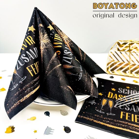12 Windlicht Tischdeko + 20 Stück Servietten Schön DASS Wir Zusammen Feiern + 500 Konfetti, Geburtstagsdeko Mann Frauen, Silvester Deko 2026, Silvesterdeko Party, Happy New Year, Karneval Tisch Deko