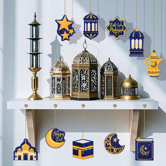 BDUSXYZ 48 Stück Ramadan Holz hängende Ornamente mit Seilen Eid Mubarak Dekorationen für Baumparty Dekor - A