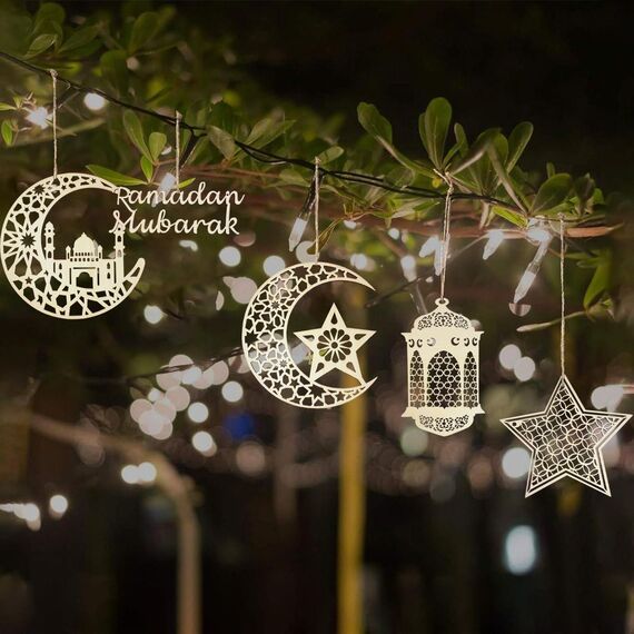 7PCS Ramadan Mubarak Hängende Dekorationen, Hölzerne Anhänger Eid Kareem Hängende Zeichen mit Seilen für Home Room Decor, 3D Hohlen Stern Mond Laternen Schlösser Ornament für Islamische Muslim Al-Fitr