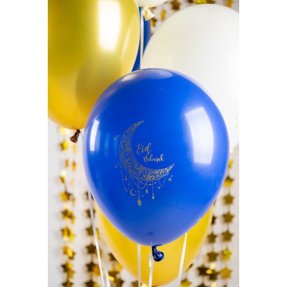 Eid Mubarak Ramadan Dekoration - Ballons Gold Weiß Blau 33 cm 6 Stück - Eid Deko Stern Mond Zubehör Ramadan