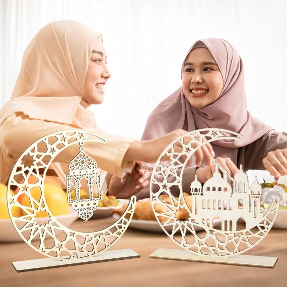 2 Stück Holz Eid Mubarak Ramadan Kareem Dekorationen Eid Tisch Zeichen Mond Hohle Stern Freistehend Tisch Centerpiece Hängende Ornamente Tischdekoration für Muslim Islam Tischdekoration