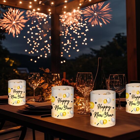 12 Windlicht Tischdeko, Silvester Deko 2026, Happy New Year, Silvesterdeko Tisch, Neujahr Decoration, Kinder Party Deko Set, Silvester Geschenke, Silvesterparty Neujahrsgeschenke, für Teelichter