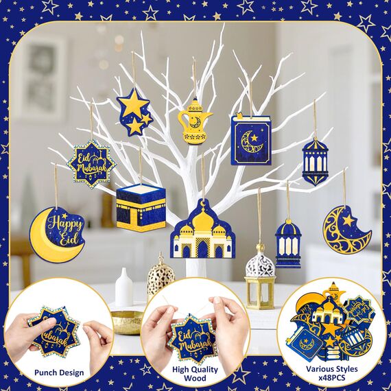 BDUSXYZ 48 Stück Ramadan Holz hängende Ornamente mit Seilen Eid Mubarak Dekorationen für Baumparty Dekor - A