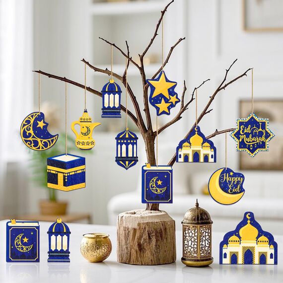 BDUSXYZ 48 Stück Ramadan Holz hängende Ornamente mit Seilen Eid Mubarak Dekorationen für Baumparty Dekor - A