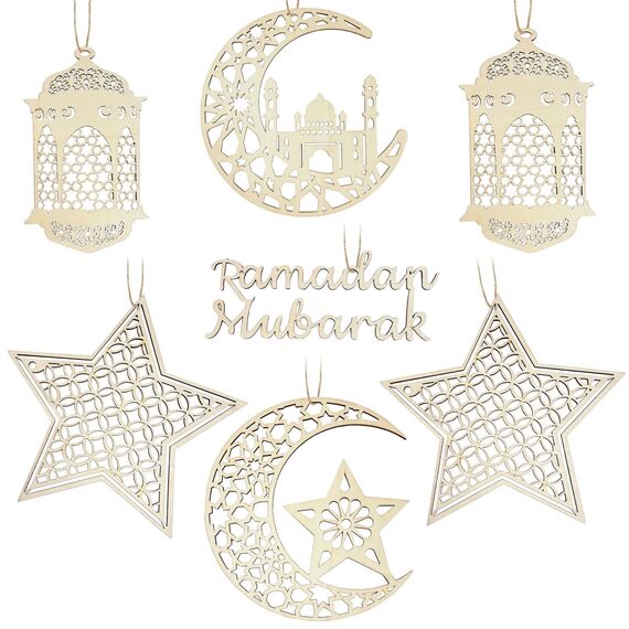 7PCS Ramadan Mubarak Hängende Dekorationen, Hölzerne Anhänger Eid Kareem Hängende Zeichen mit Seilen für Home Room Decor, 3D Hohlen Stern Mond Laternen Schlösser Ornament für Islamische Muslim Al-Fitr