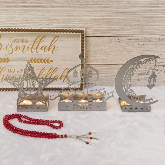 flangairy Ramadan-Dekorationen für Zuhause 2024, Eid Mubarak, Metall-Kareem-Schilder, islamische muslimische Moschee, arabischer Ständer, silberfarben, Allah, für den Innenbereich, Tischdekoration,