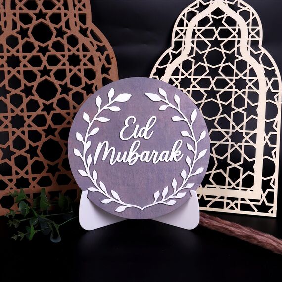 Holz-Tischdekoration, Motiv: Eid Mubarak, Ramadan-Kareem-Dekoration, islamische muslimische Geschenke, Ramadan-Eid-Dekoration, Happy Ramadan, islamisches 2024 Partyzubehör, Schild, Desktop-Ornament