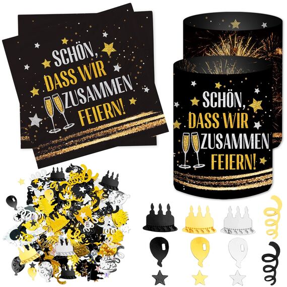 12 Windlicht Tischdeko + 20 Stück Servietten Schön DASS Wir Zusammen Feiern + 500 Konfetti, Geburtstagsdeko Mann Frauen, Silvester Deko 2026, Silvesterdeko Party, Happy New Year, Karneval Tisch Deko