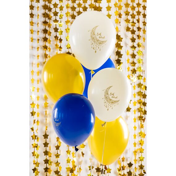 Eid Mubarak Ramadan Dekoration - Ballons Gold Weiß Blau 33 cm 6 Stück - Eid Deko Stern Mond Zubehör Ramadan
